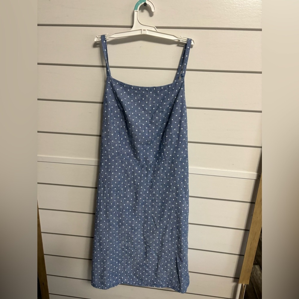 Light Jean blue texturized dress with white polka dots. Size M